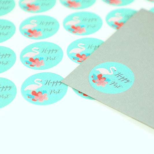 Round flamingo happy post stickers