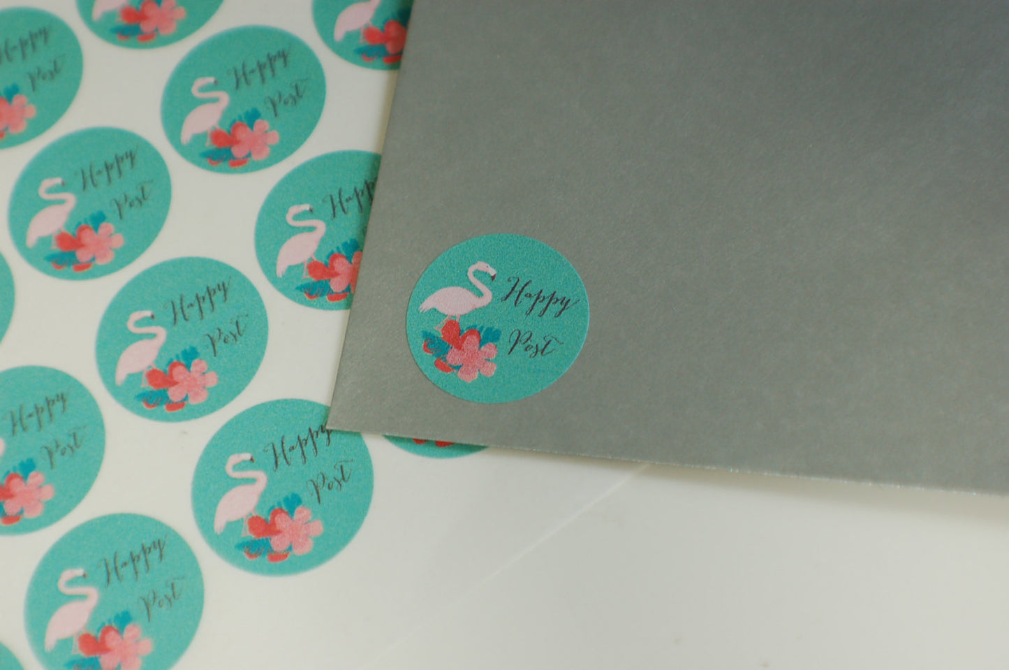 Round flamingo happy post stickers