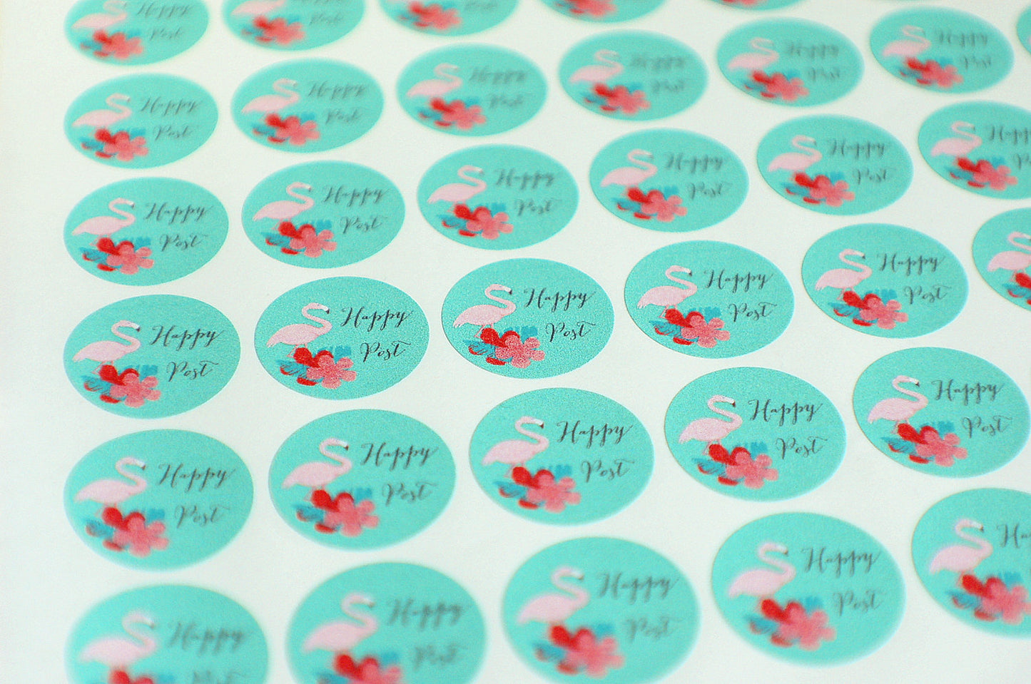 Round flamingo happy post stickers