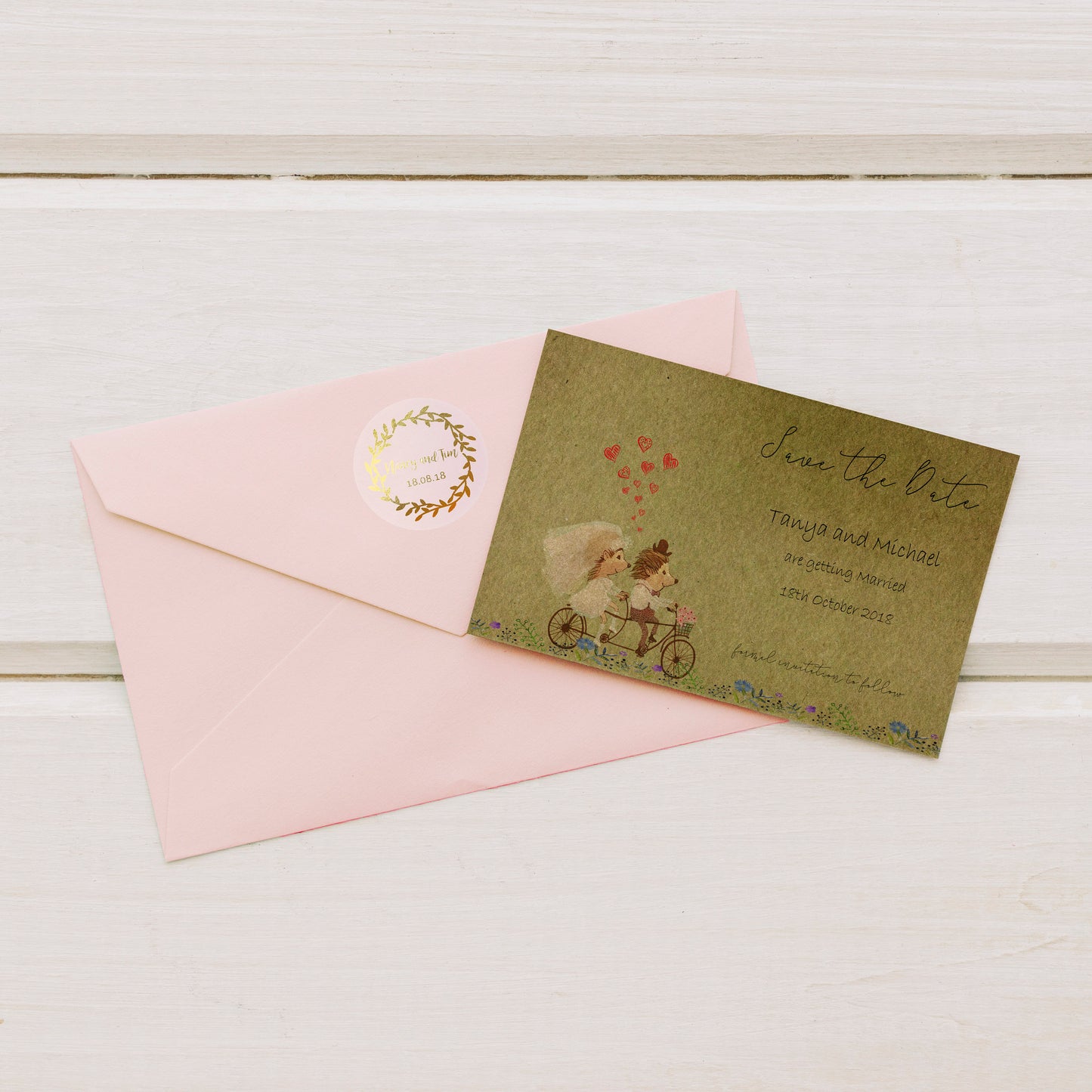 Personalised foiled clear fern wreath wedding stickers