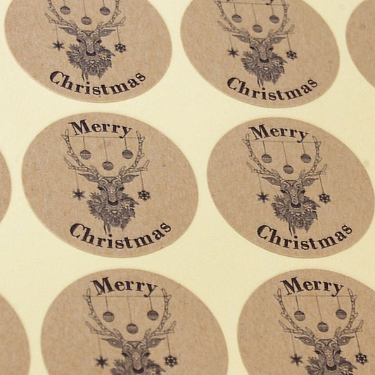 35mm Kraft Christmas Stickers featuring reindeer head