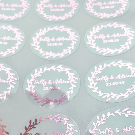 Personalised transparent foiled stickers for wedding invitations and favours