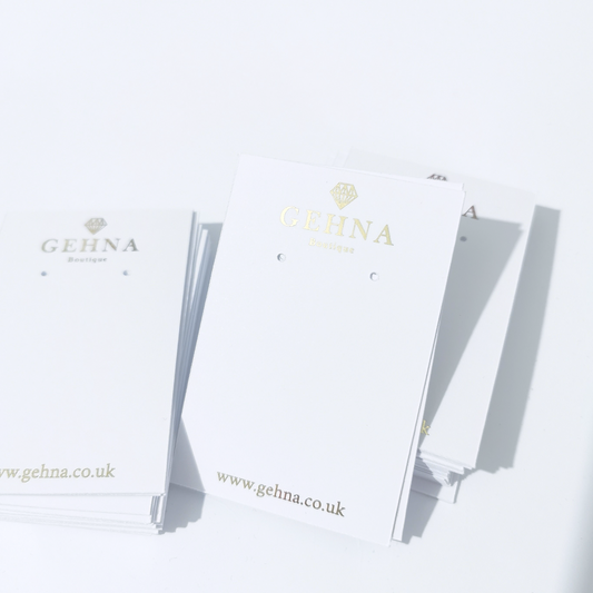 Foiled logo jewellery display cards for necklaces and earrings