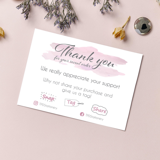 A6 Thank you for your order cards with snap tag share prompt