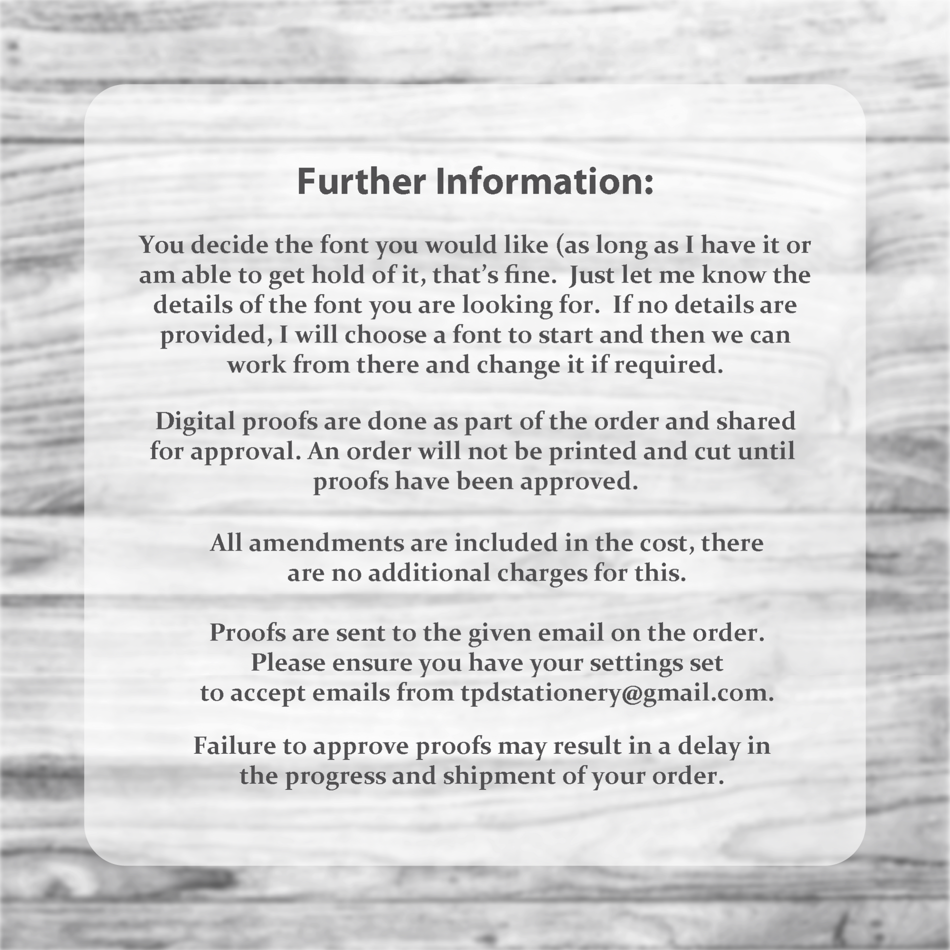 Further Information when ordering jewellery cards