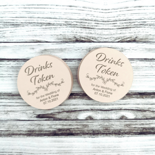 Blush Pink wedding drinks tokens for guests free drinks