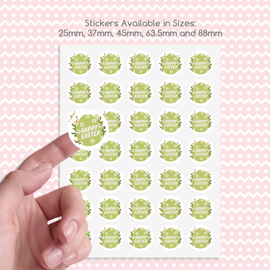 Happy Easter Stickers with easter egg and flowers printed
