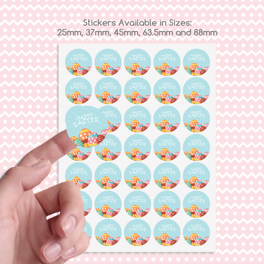 Printed round paper stickers Happy Easter with Easter Eggs printed on them
