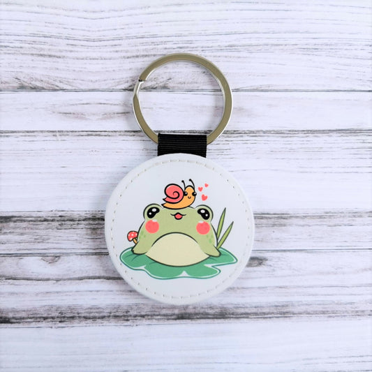 Kawaii frog with snail printed PU keyring with silver glitter rear