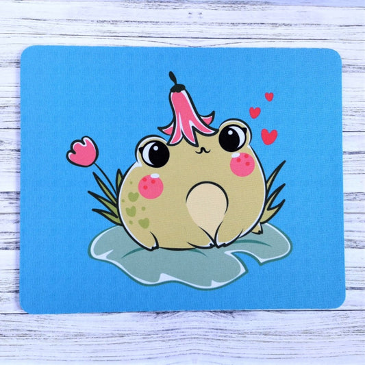 Kawaii frog on a lily pad with blue background fabric compute mouse mat