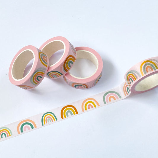 Colourful Rainbows Washi Tape pink background with different coloured rainbows