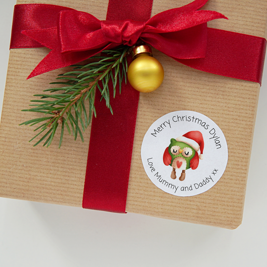 Round personalised Christmas stickers with a sleepy owl