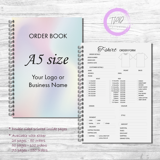A5 order book for t-shirt businesses