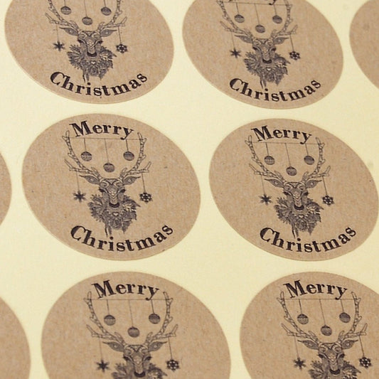 35mm Kraft Christmas Stickers featuring reindeer head